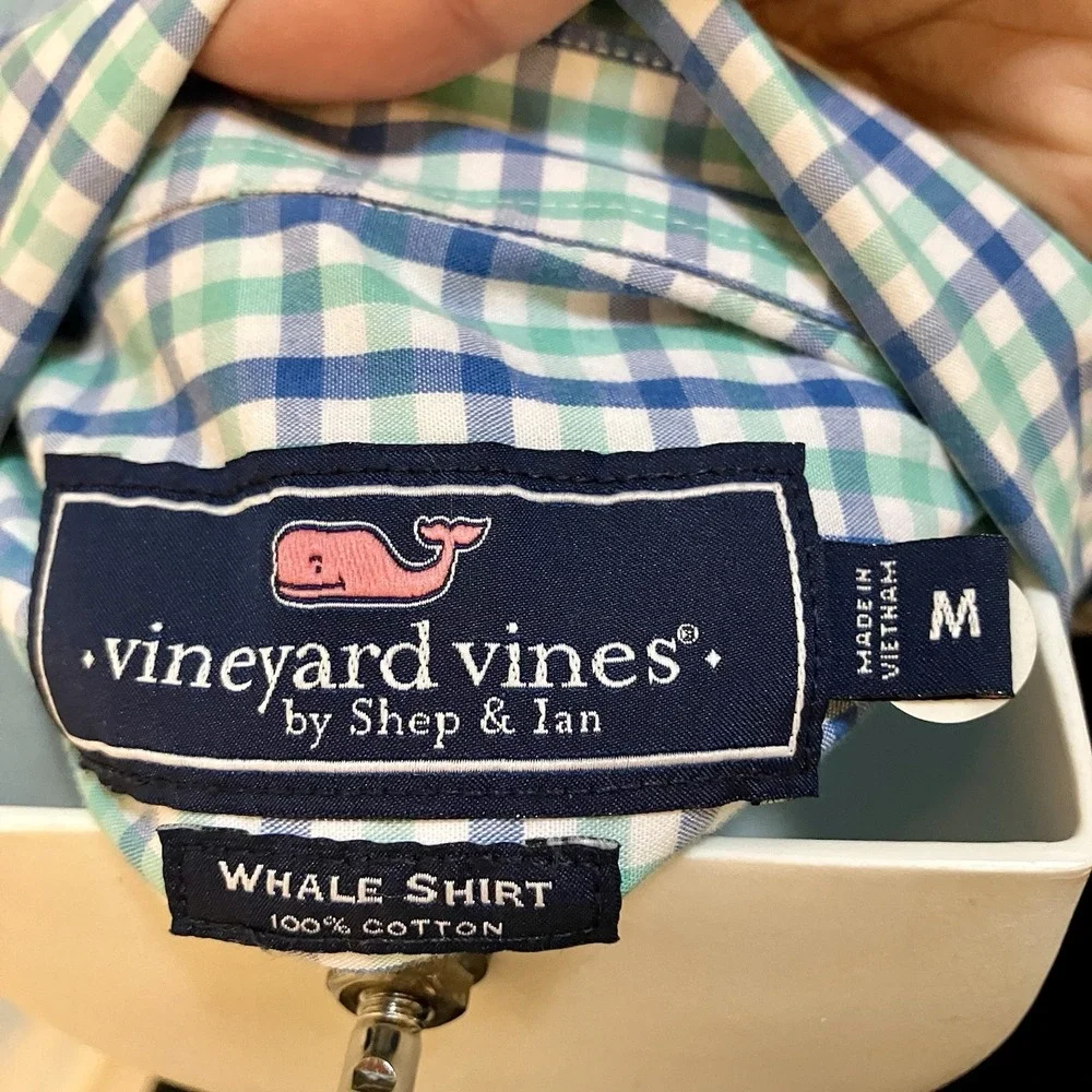 Vineyard Vines Sz Medium Whale Shirt Long‎ Sleeve Blue Plaid Button Up Men's
